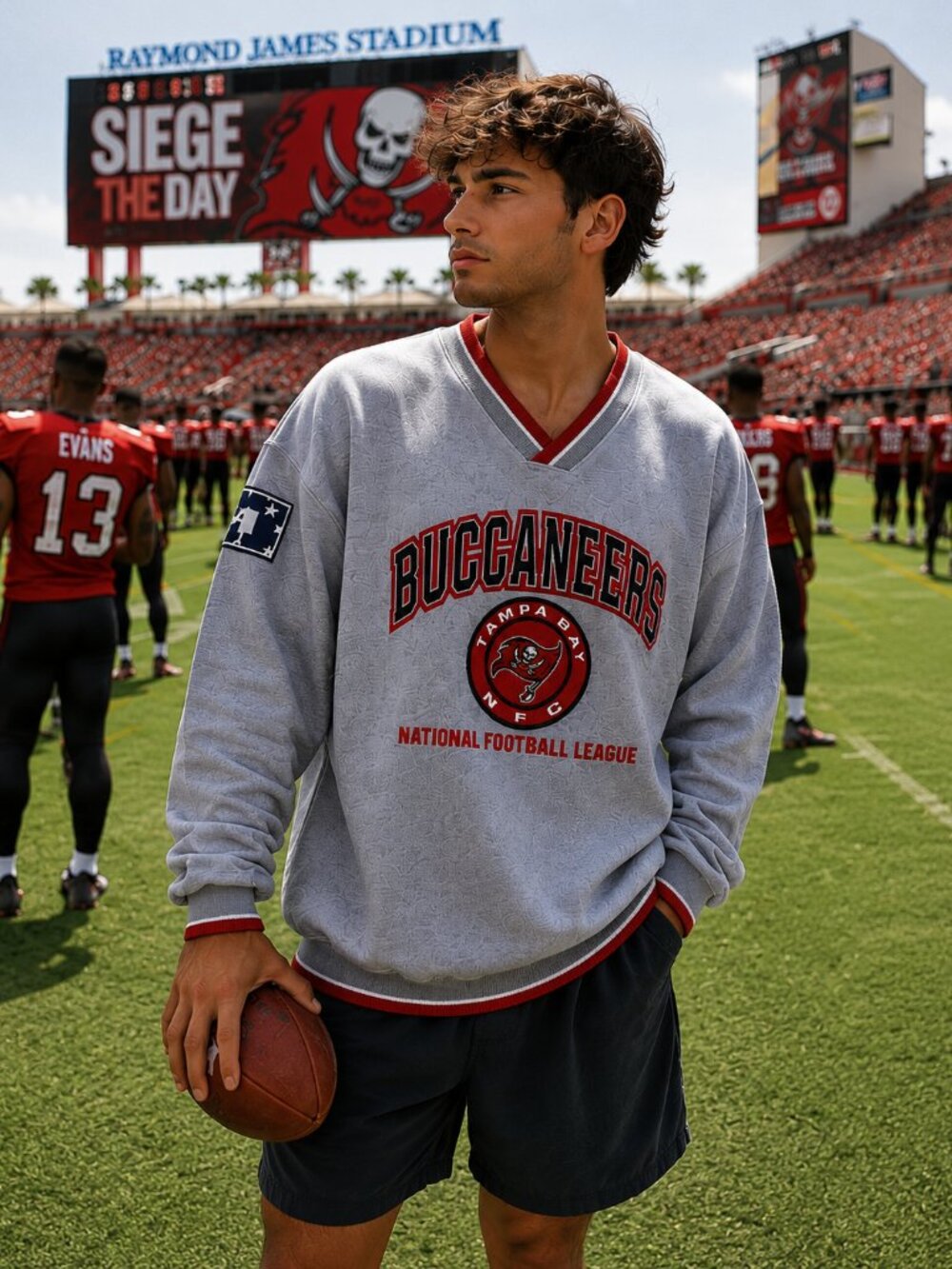 VTG Lee Sport Tampa Bay Buccaneers NFL Sweatshirt Gray Red V Neck Pullover XL